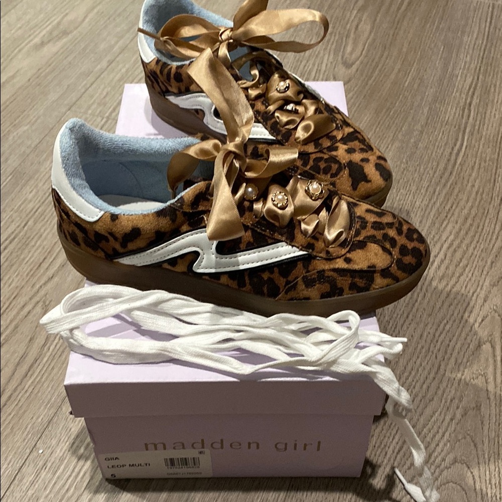 Madden Girl Brown and Gold Sneakers with Bold Leopard Print